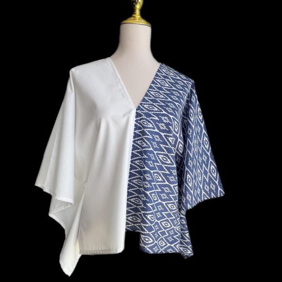 0120/ Blue White Cropped Kaftan Batik Pattern, Cotton Caftan Top,Women's Top - Picture 9 of 11